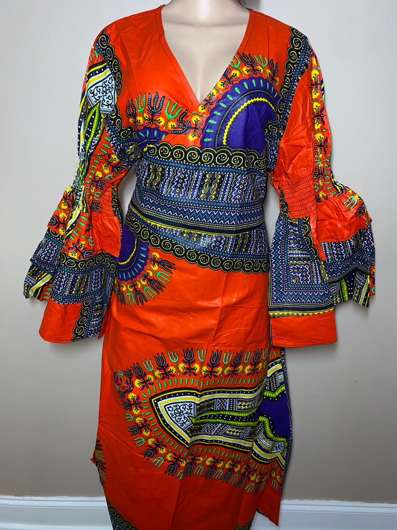 Dress Ankara - Ruffled Sleeve Dashiki print Maxi Wrap dress with matching Head Wrap