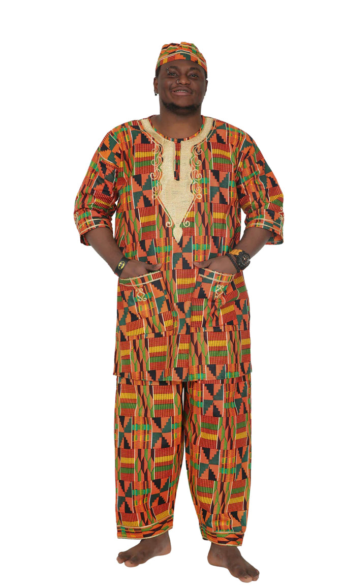 Men's Set- Kente Dark Print African walking suit with Gold Embroidery