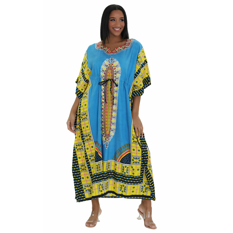Kaftan- Traditional Dashiki Print draw string Kaftan with Matching Head Wrap