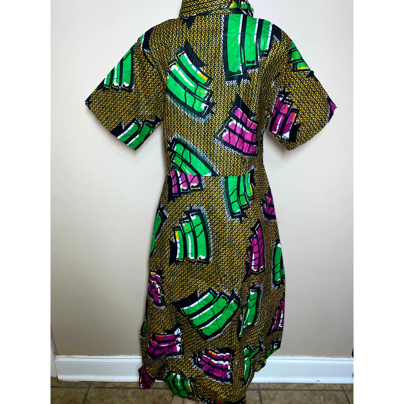 Dress Hi/Lo - Ankara Hi/Low Shirt Dress with matching head wrap/Waist Tie