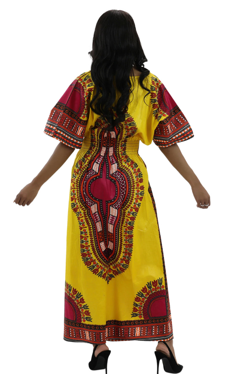 Dress - Maxi Dashiki Print Dress with Tie waist