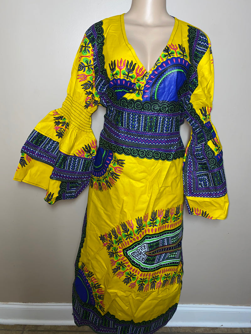 Dress Ankara - Ruffled Sleeve Dashiki print Maxi Wrap dress with matching Head Wrap