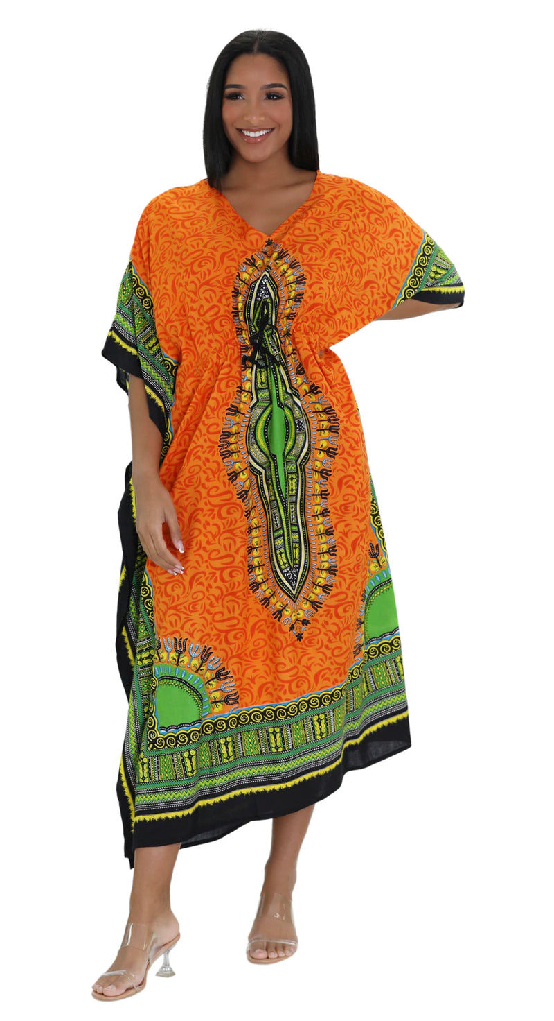 Kaftan- Traditional Dashiki and Swirls Print draw string Kaftan with Matching Head Wrap