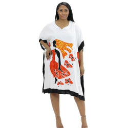 Kaftan - African Lady walking on Butterflies Print Kaftan with Matching Head Wrap - Afrocentric Boutique