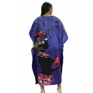Kaftan - African Lady Print Kaftan with Matching Head Wrap - Blue - Afrocentric Boutique