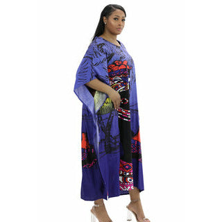 Kaftan - African Lady Print Kaftan with Matching Head Wrap - Blue - Afrocentric Boutique