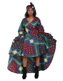 Ruffle Sleeve Ankara Hi/Lo Wrap Dress- Patchwork - Afrocentric Boutique